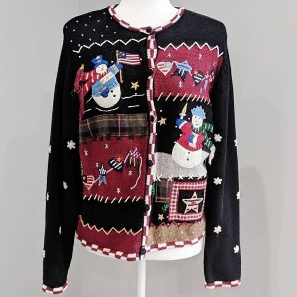 Ugly Christmas Sweater Black Holiday Patriotic Snowman Cardigan Crewneck Size MP - Picture 1 of 8
